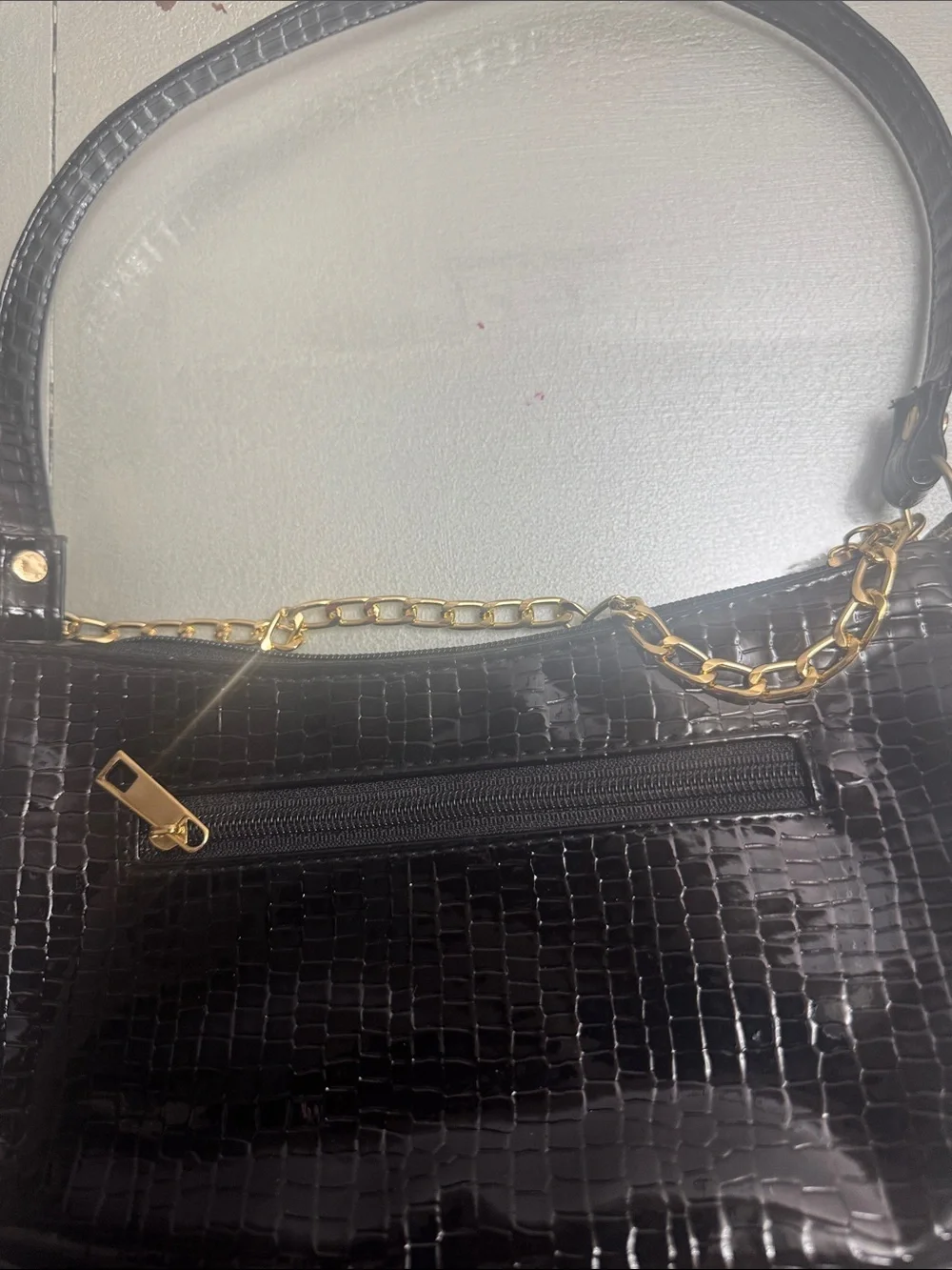 Black Croc-Embossed Shoulder Bag with Gold Chain Accent